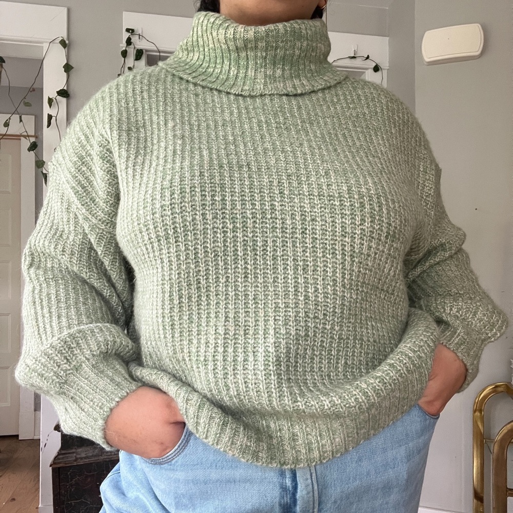 sage green Mélange Shaker-Stitch oversized slouchy turtleneck sweater